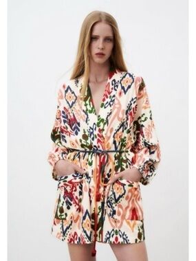 NWT Zara Hanoi Kimono Multicolor Block Printed Tie-Waist Robe